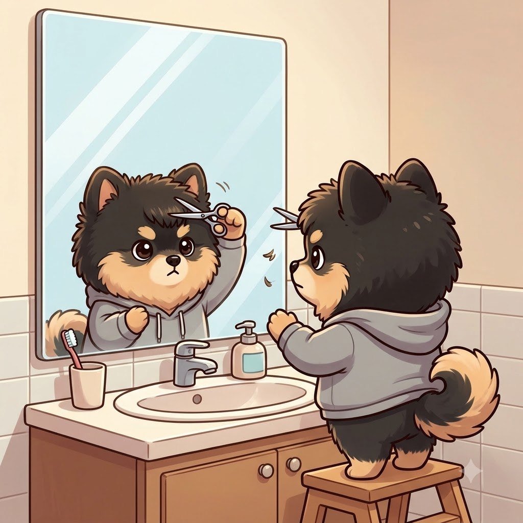 The Pomeranian guy at a mirror cutting his own bangs with scissors