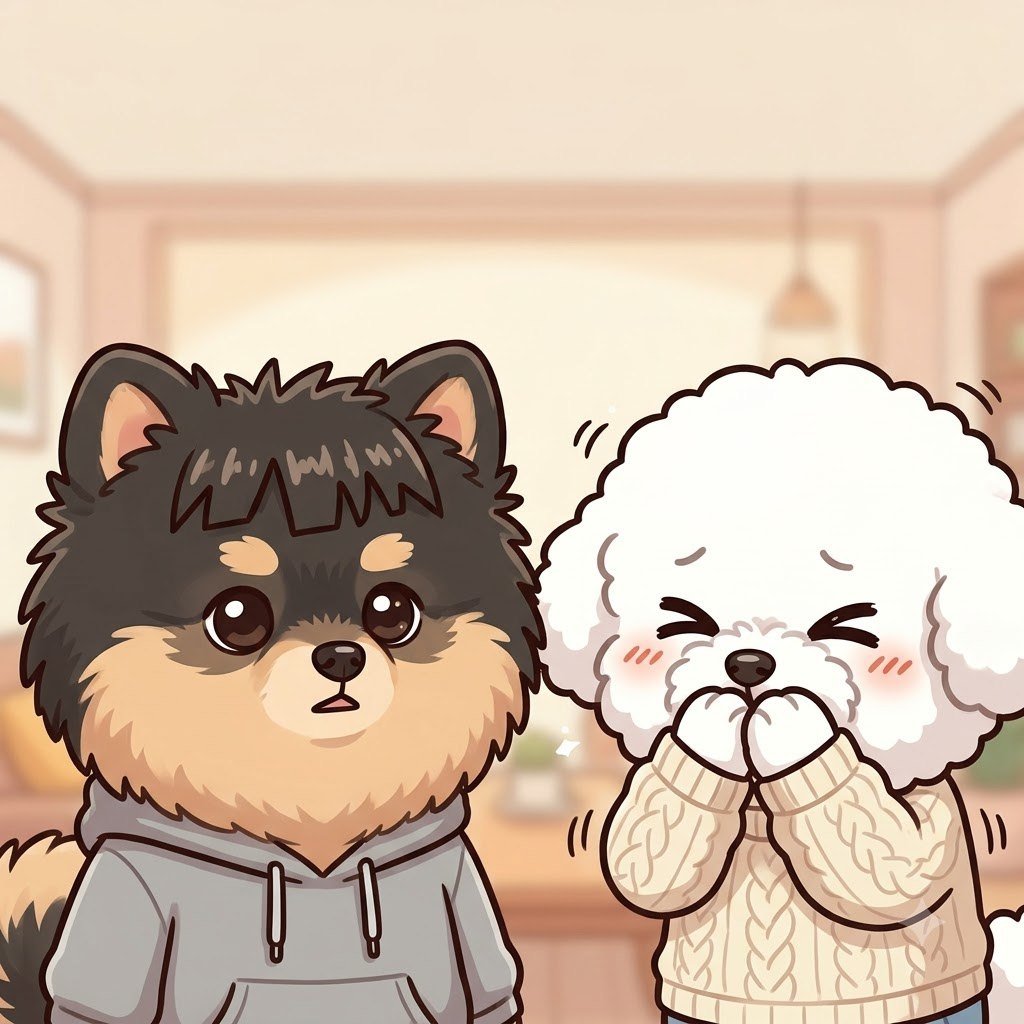 Close-up of the Pomeranian guy with very crooked uneven bangs, the Bichon girl trying hard not to laugh