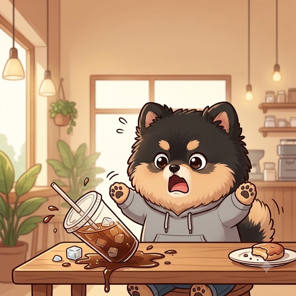 At a cafe, the Pomeranian guy accidentally spills his coffee