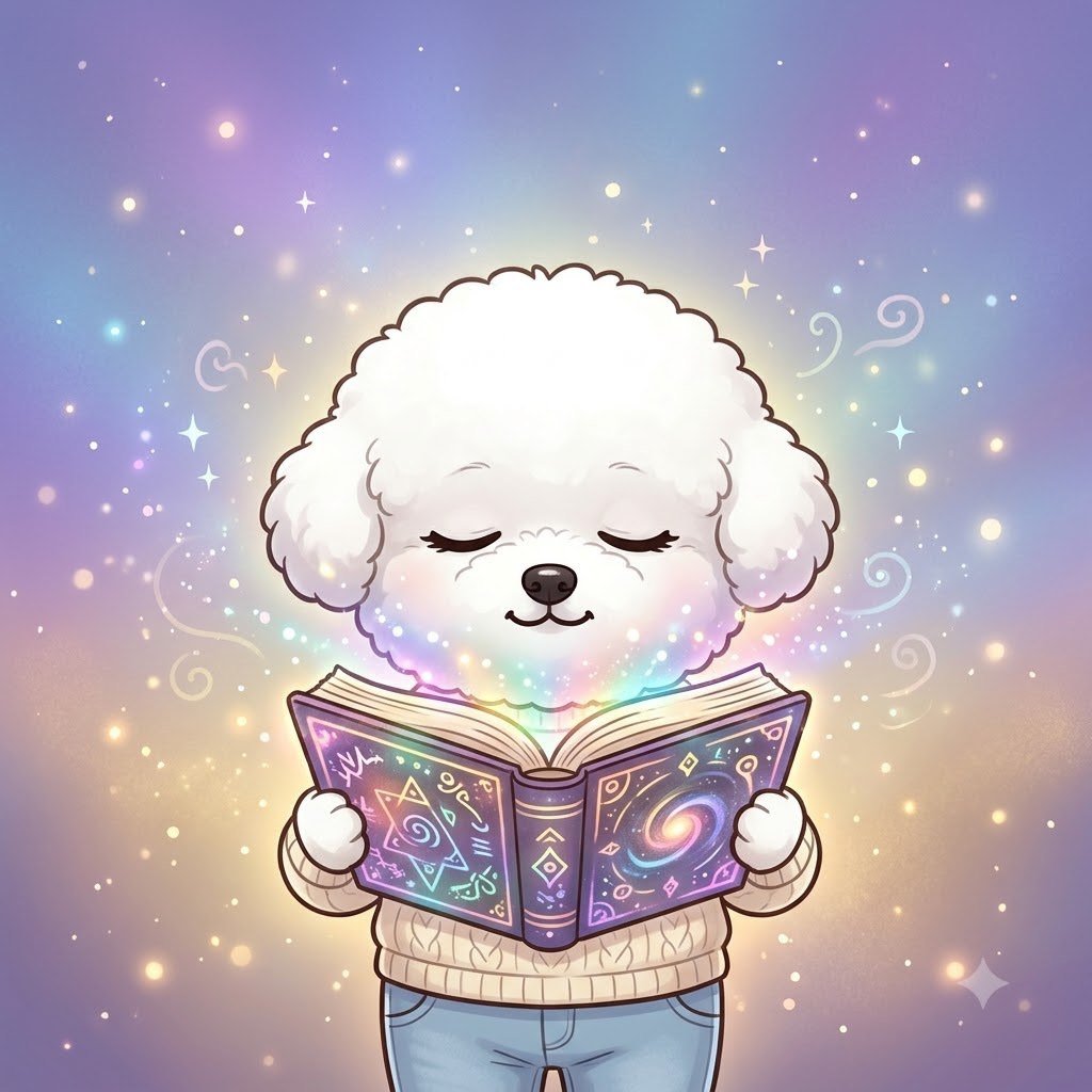 The Bichon girl holding a glowing MBTI book like a sacred text, eyes closed