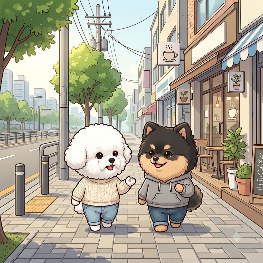 The Bichon girl casually chatting to the Pomeranian guy on a city sidewalk