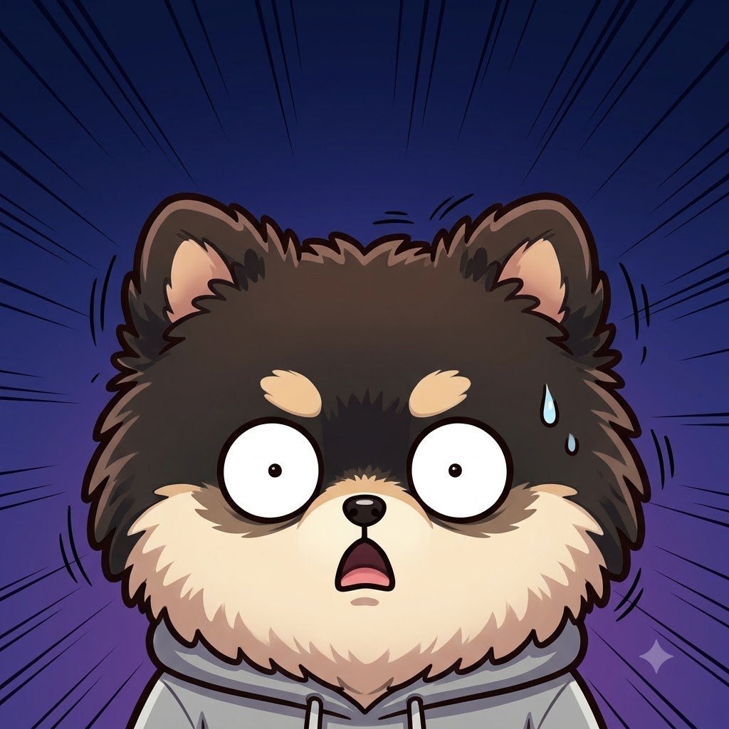Close-up of the Pomeranian guy with huge round shocked eyes, frozen