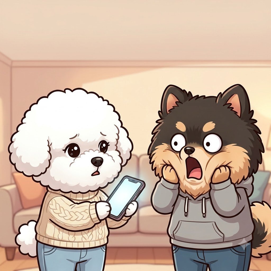 The Bichon girl showing her phone, the Pomeranian guy even more shocked, paws on his cheeks