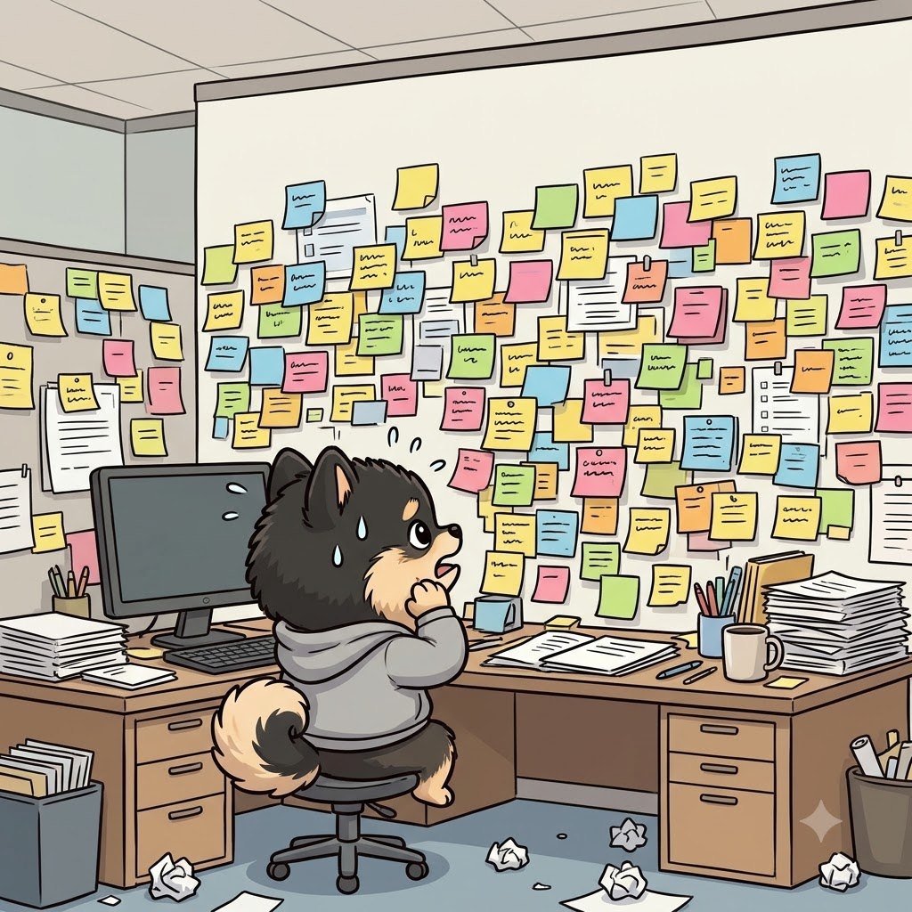 The Pomeranian guy at his desk looking at a wall covered in sticky notes, stressed