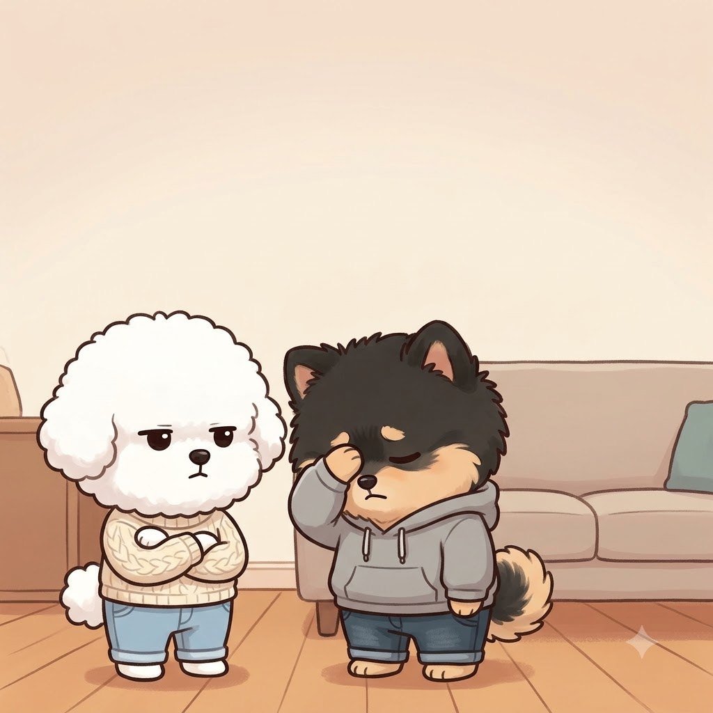 The Bichon girl with arms crossed, deadpan