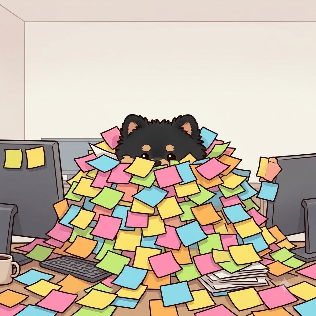 The Pomeranian guy buried under a pile of sticky notes, only his ears showing