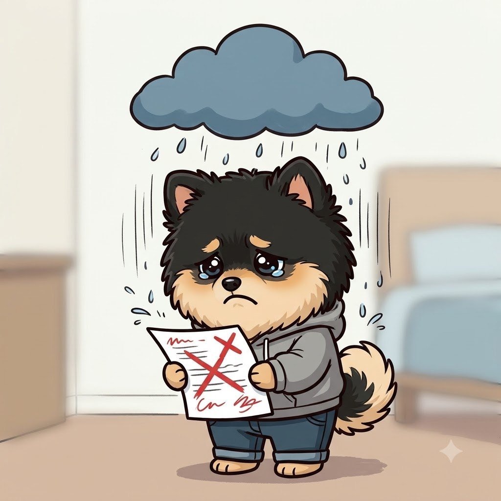 The Pomeranian guy sadly holding a test paper, rain cloud over his head