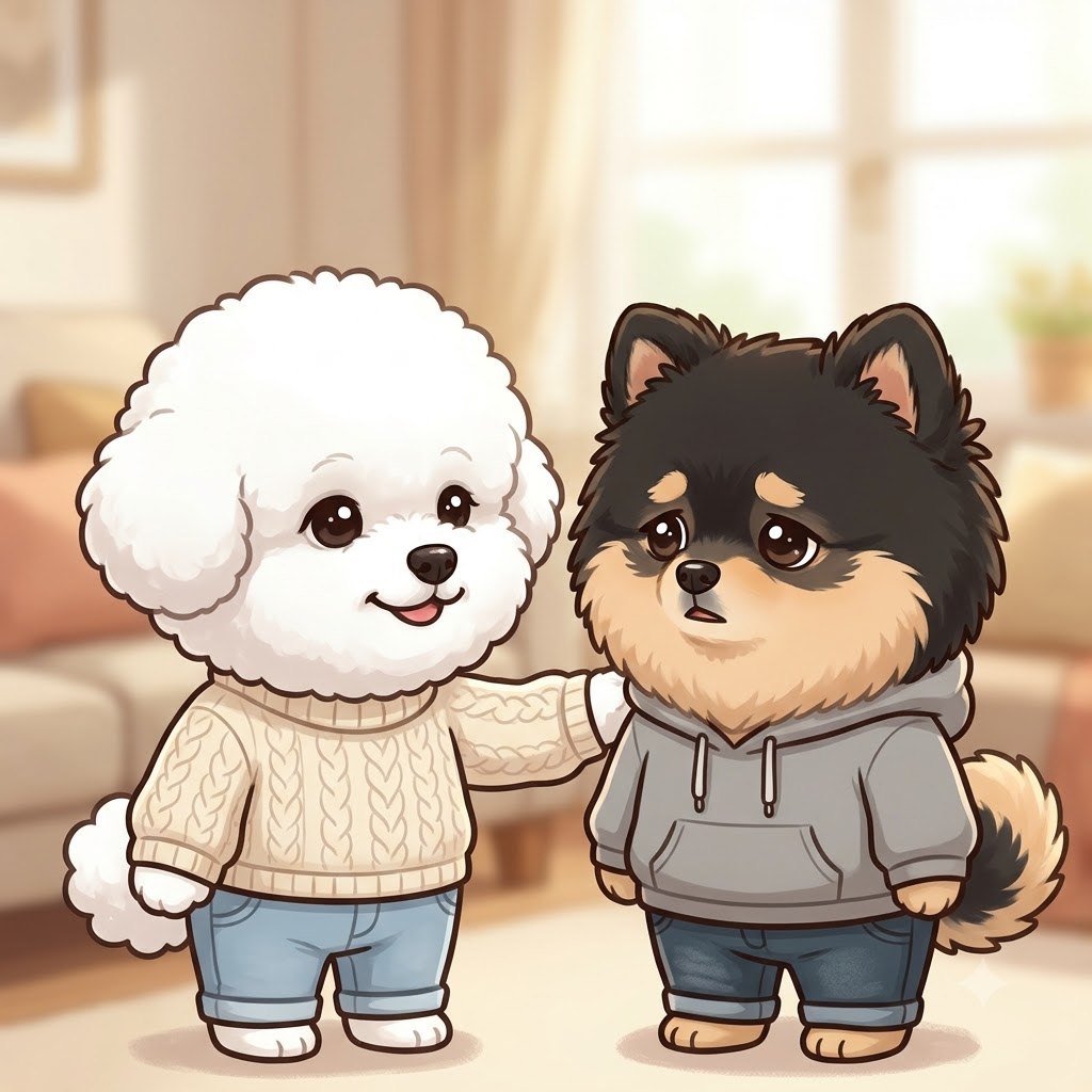 The Bichon girl putting a paw on his shoulder kindly