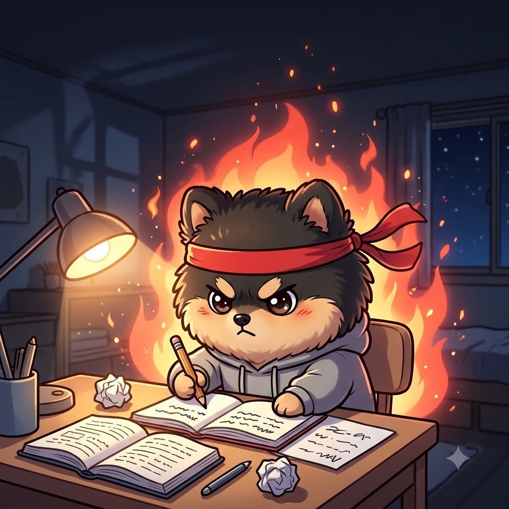 The Pomeranian guy studying hard at his desk wearing a headband, fiery determination
