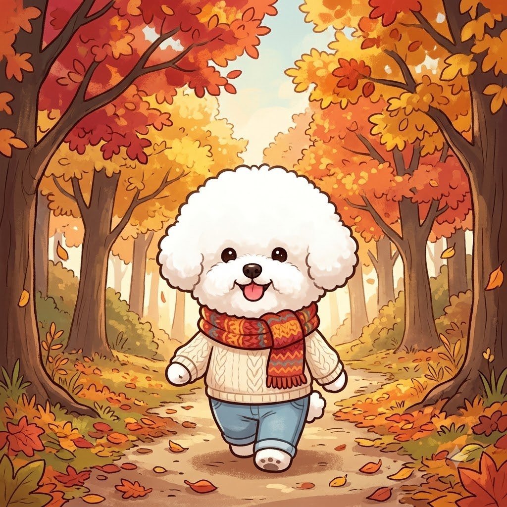 The Bichon girl walking under red and yellow autumn trees, wearing a scarf