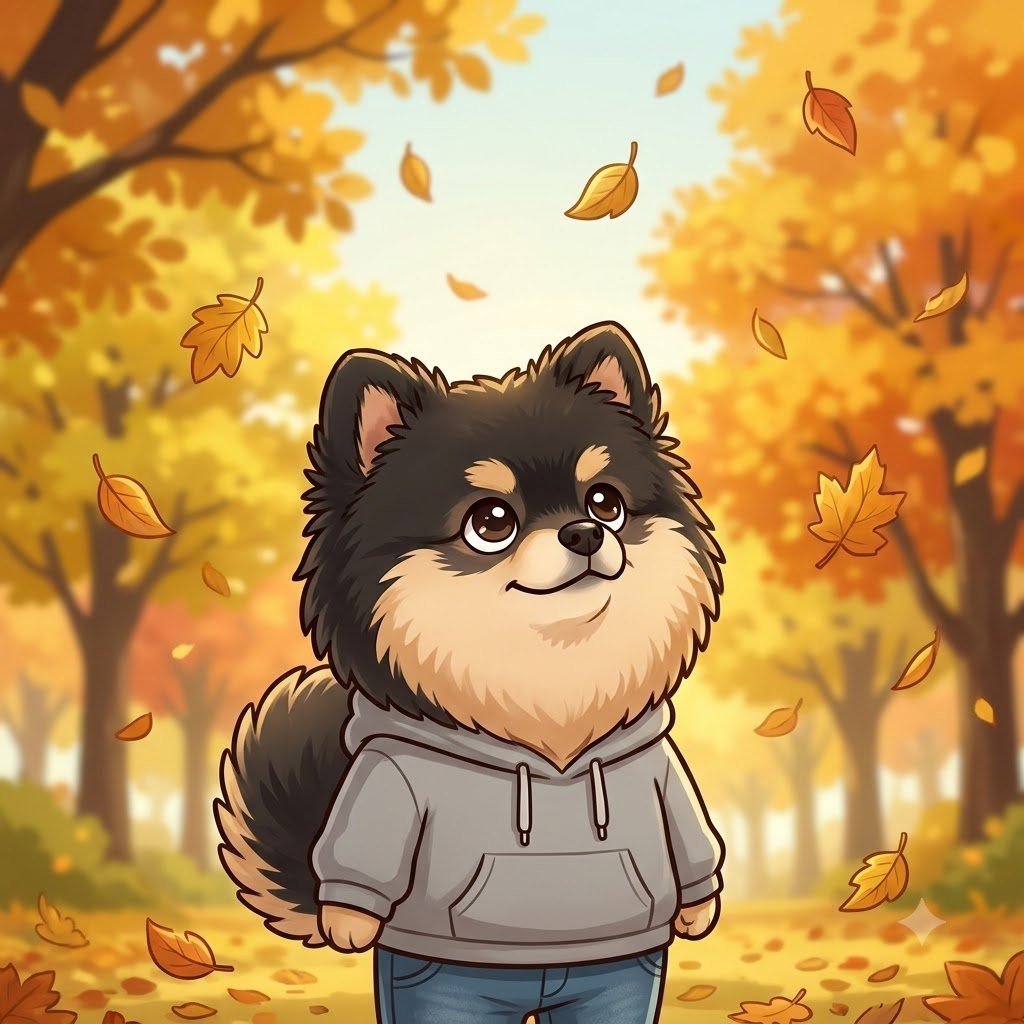 Autumn leaves falling on the Pomeranian guy, who looks up dreamily