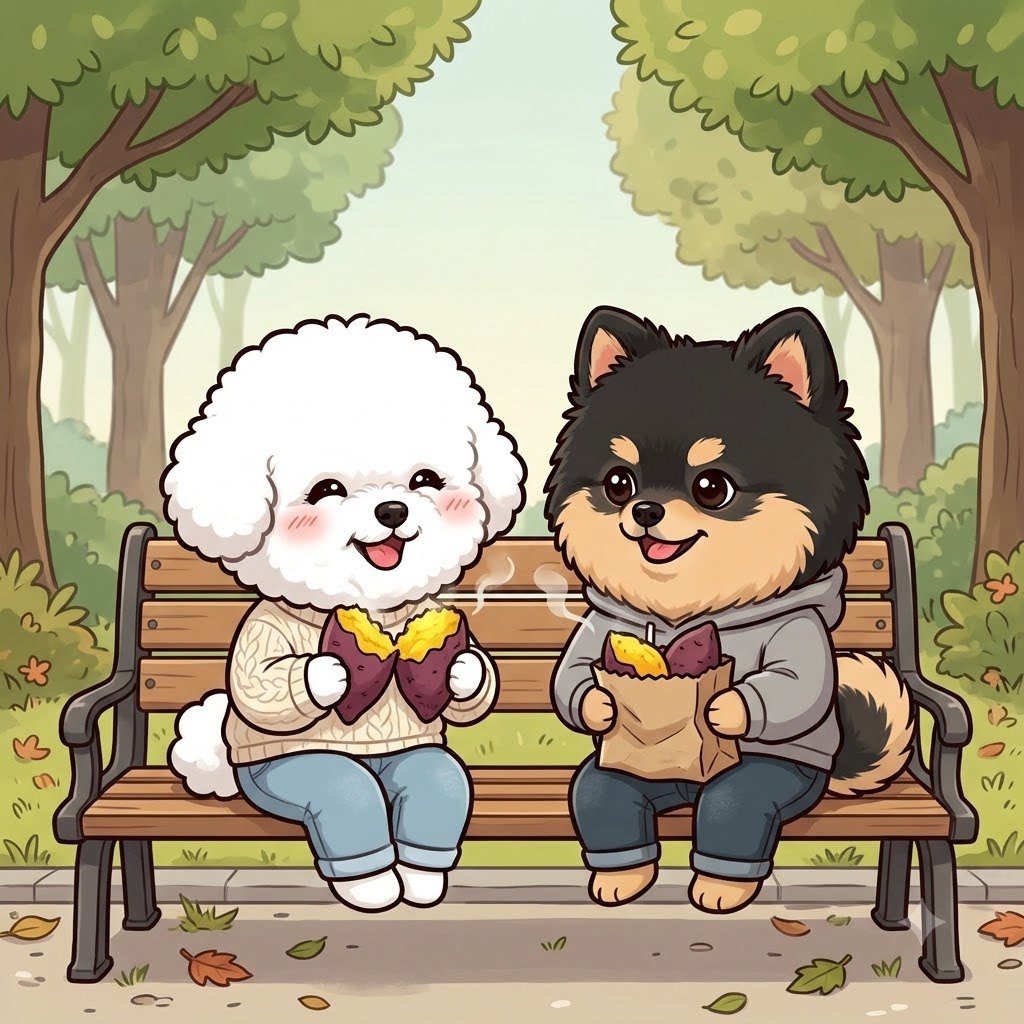 The Bichon girl and the Pomeranian guy sharing roasted sweet potatoes on a bench