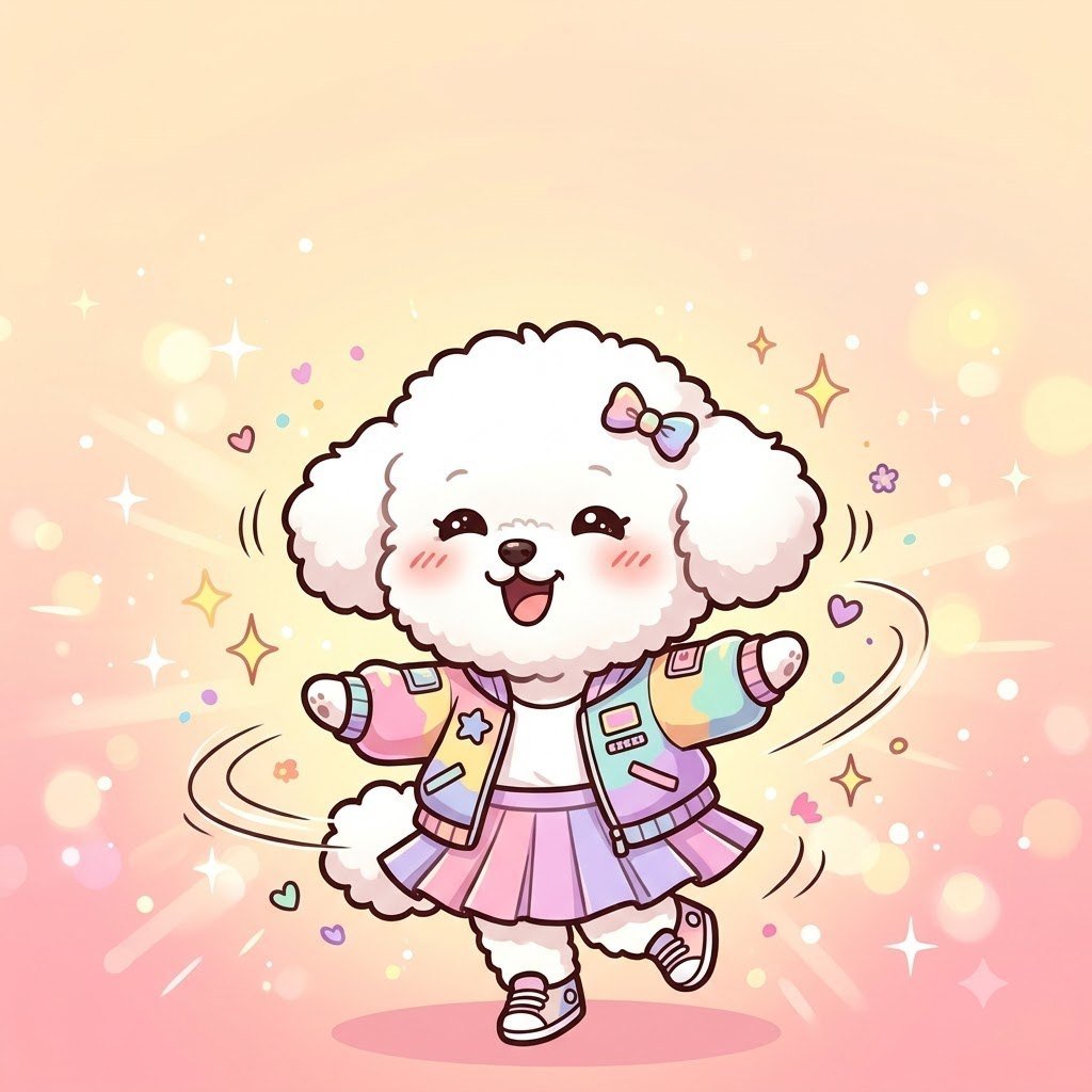 The Bichon girl twirling in a new stylish outfit