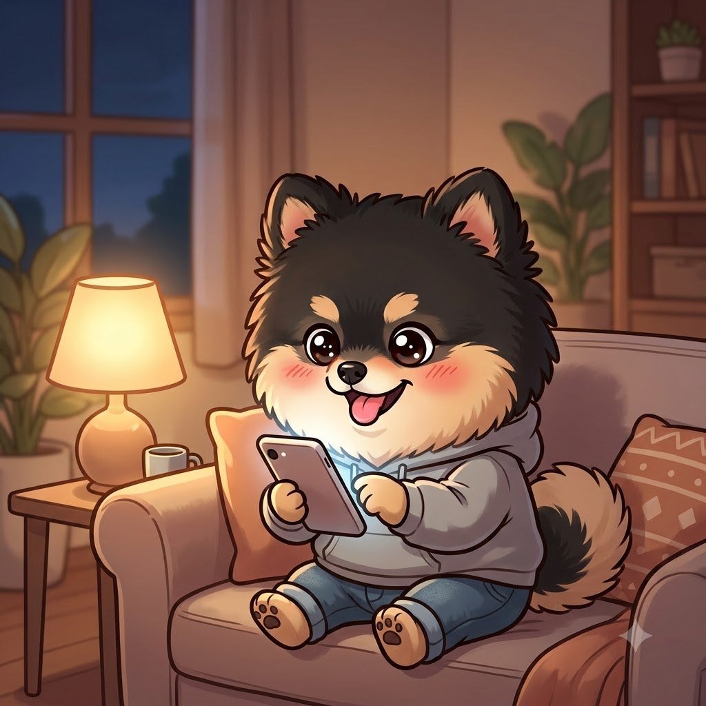 The Pomeranian guy excitedly texting on his phone in the evening