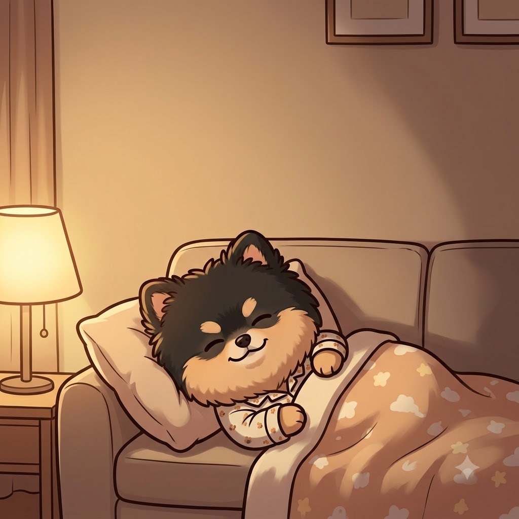 The next evening, the Pomeranian guy lying on the sofa in pajamas under a blanket, not moving