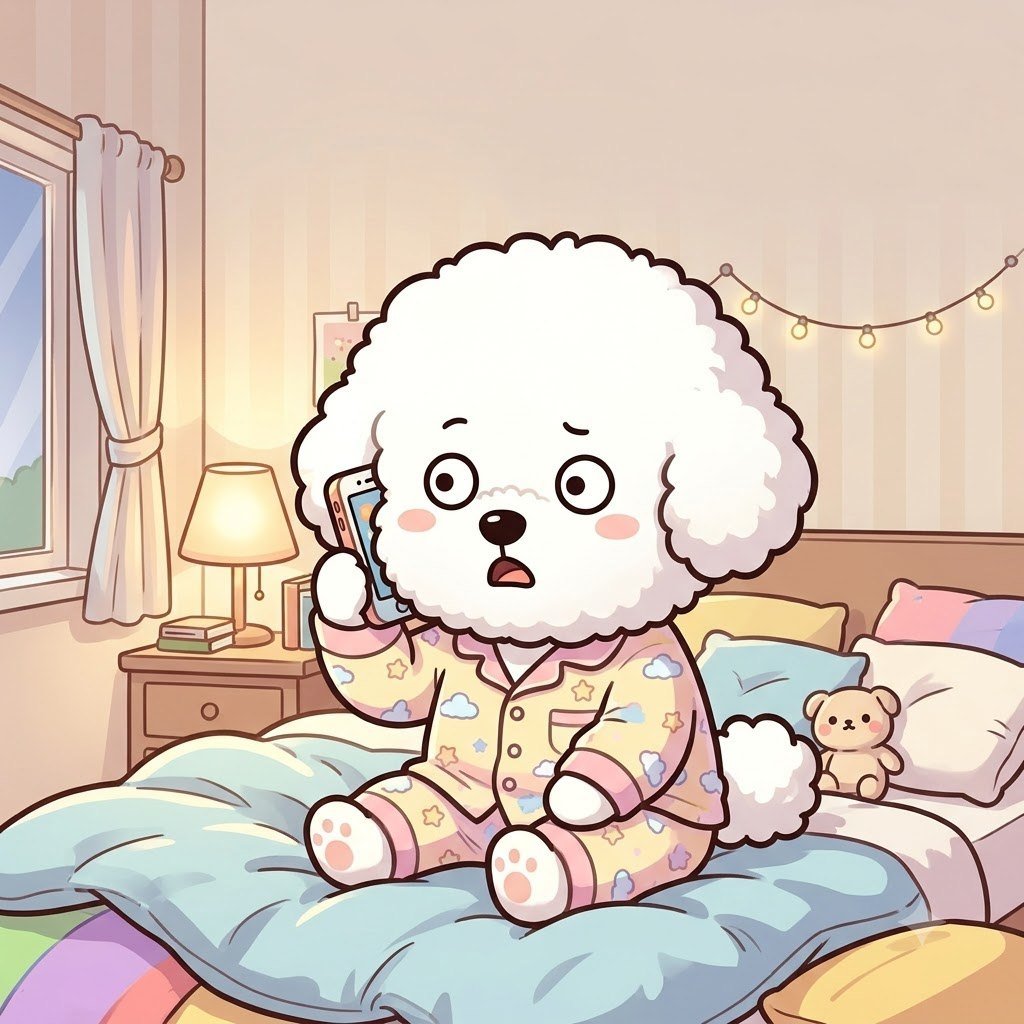 The Bichon girl in pajamas on her bed, talking on the phone