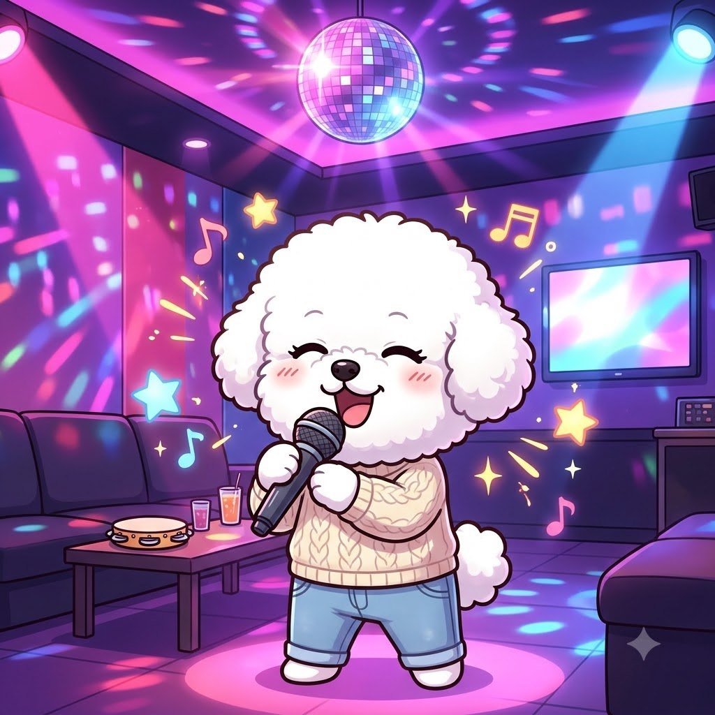 At a Korean karaoke room, the Bichon girl holding a microphone confidently