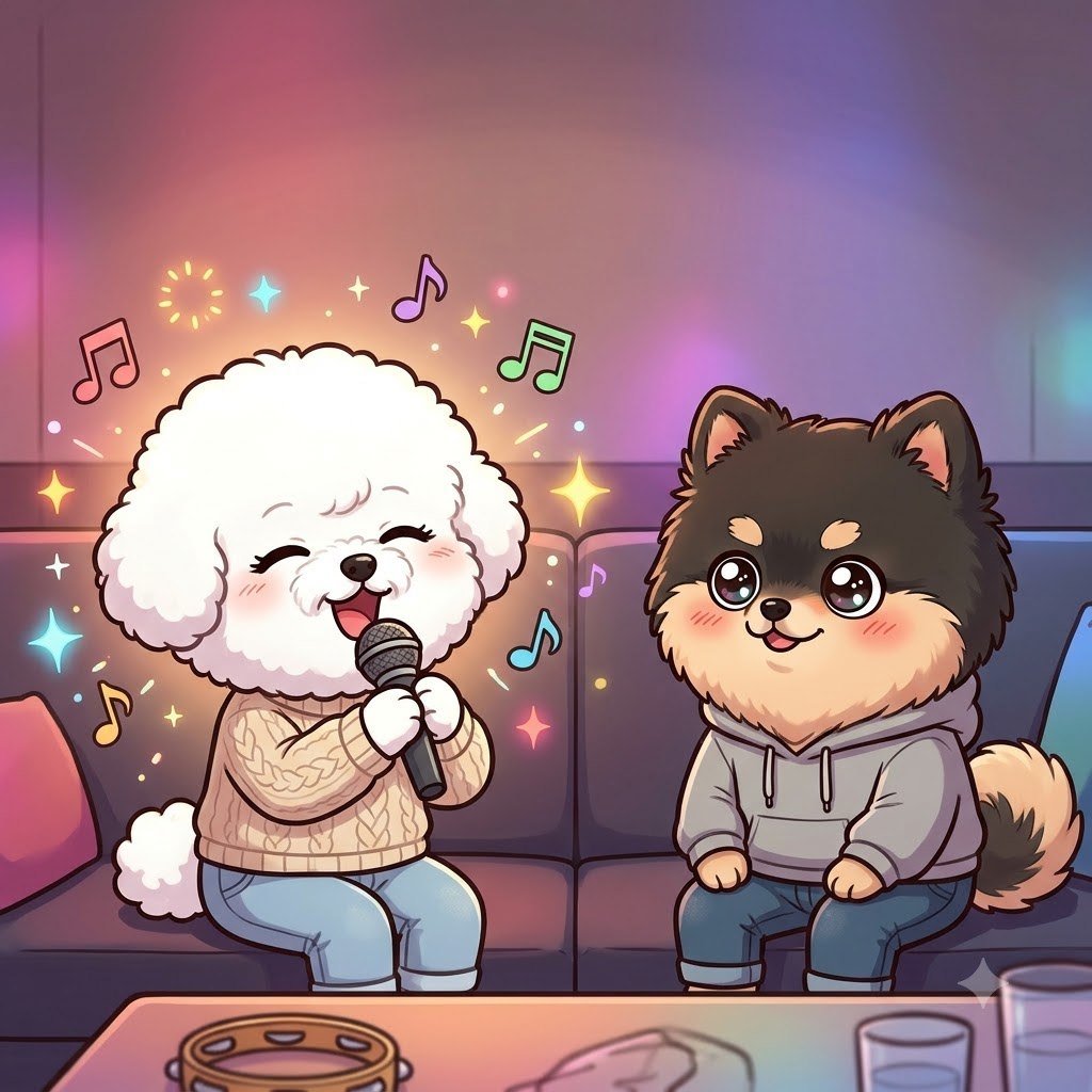 The Bichon girl singing passionately with sparkles and music notes, the Pomeranian guy amazed