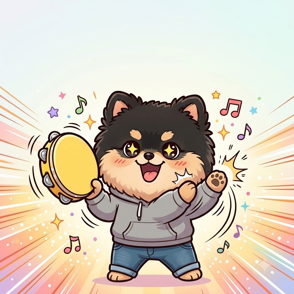 The Pomeranian guy clapping with tambourine, starry eyes