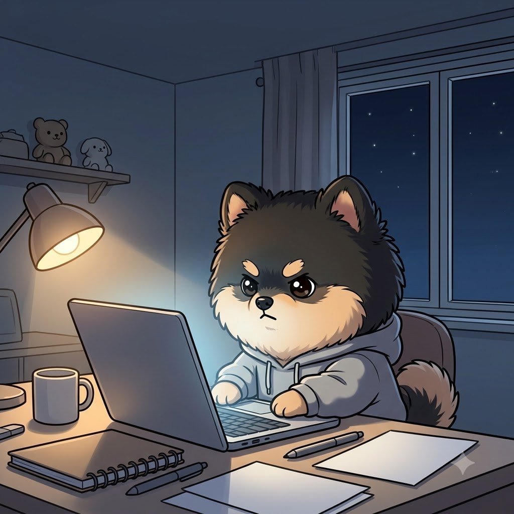 The Pomeranian guy coding on a laptop late at night, determined