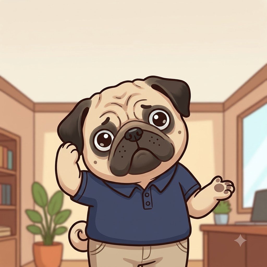 The Pug uncle tilting his head, confused
