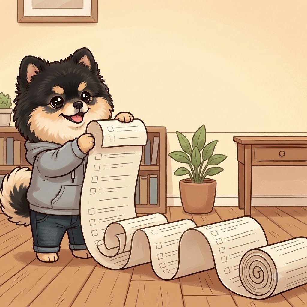 The Pomeranian guy holding out a very long paper list that unrolls onto the floor