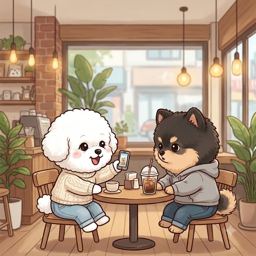 A white Bichon excitedly shows her phone to a black-and-tan Pomeranian at a cafe