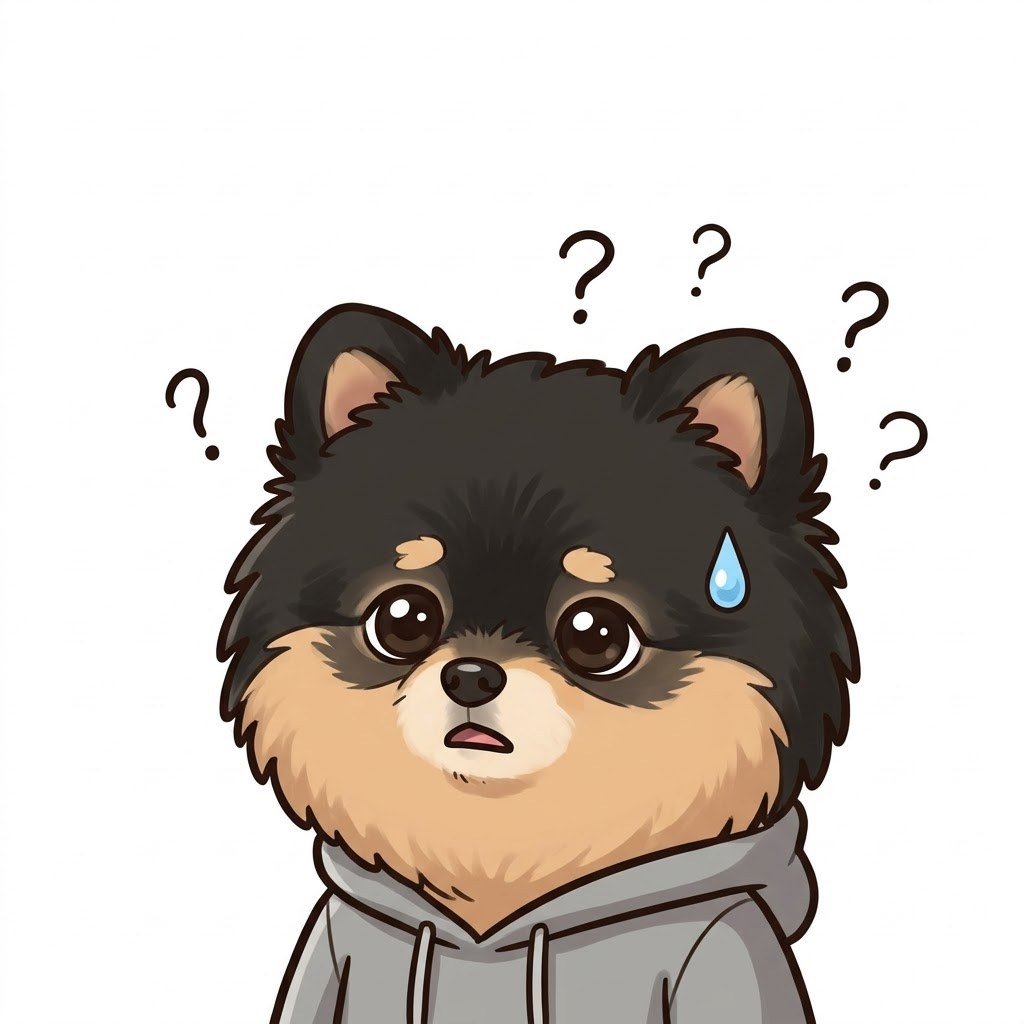The Pomeranian tilts his head in confusion, question marks around him