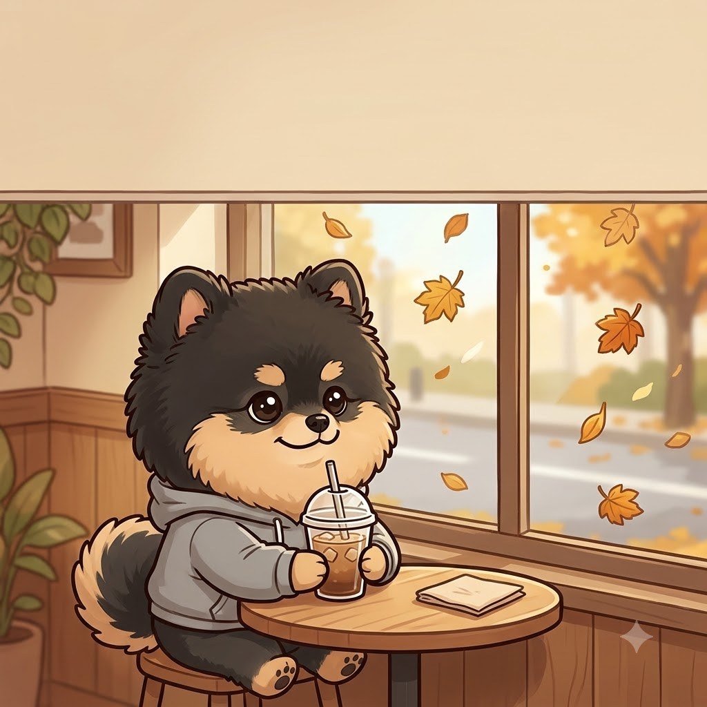 The Pomeranian sits alone by the cafe window with his coffee, smiling wistfully