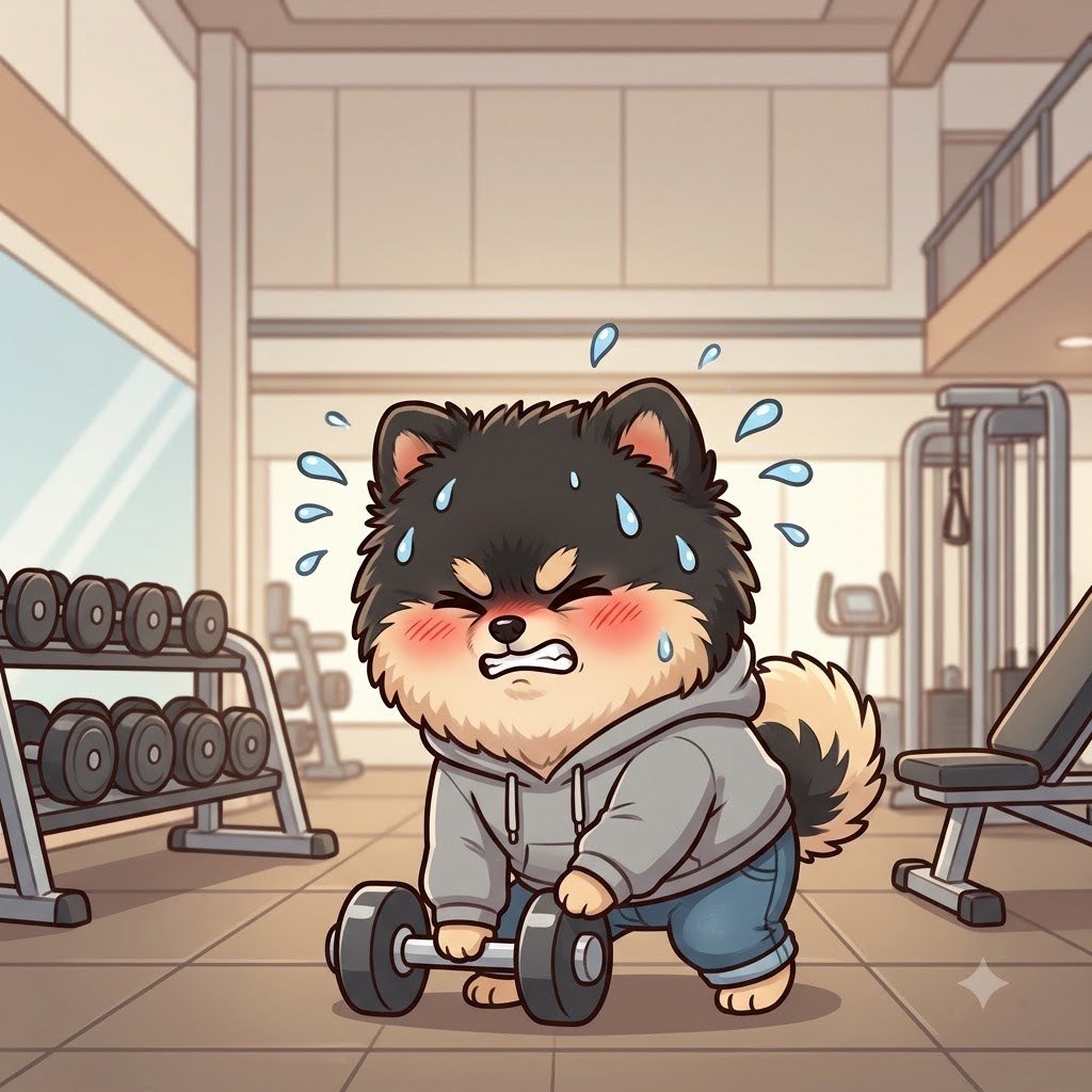 The Pomeranian guy at the gym lifting a small dumbbell, sweating hard