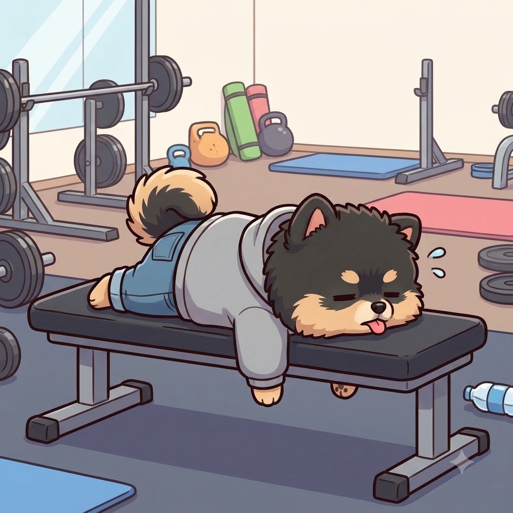The Pomeranian guy collapsed flat on a gym bench, exhausted