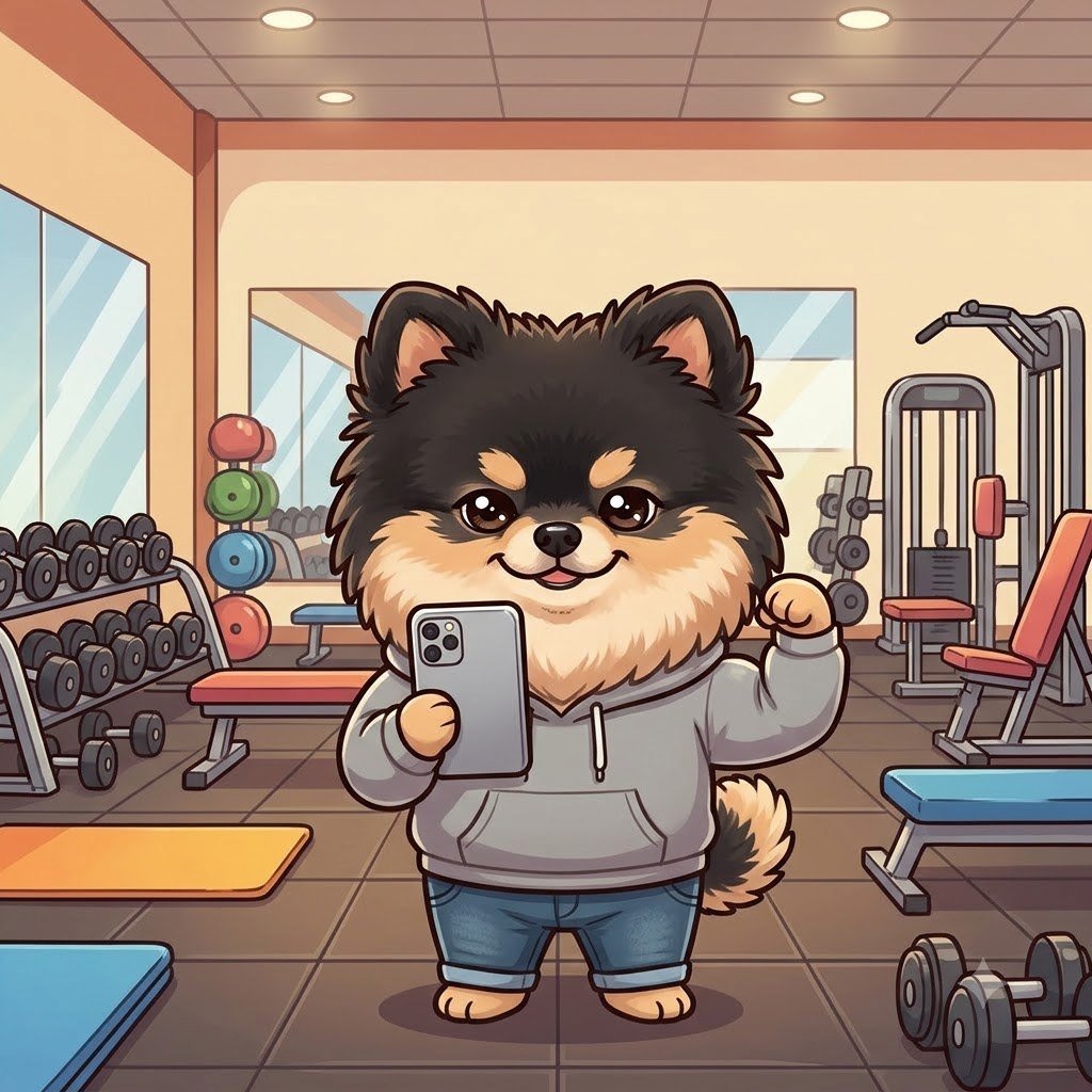 The Pomeranian guy taking a proud mirror selfie, flexing a tiny arm