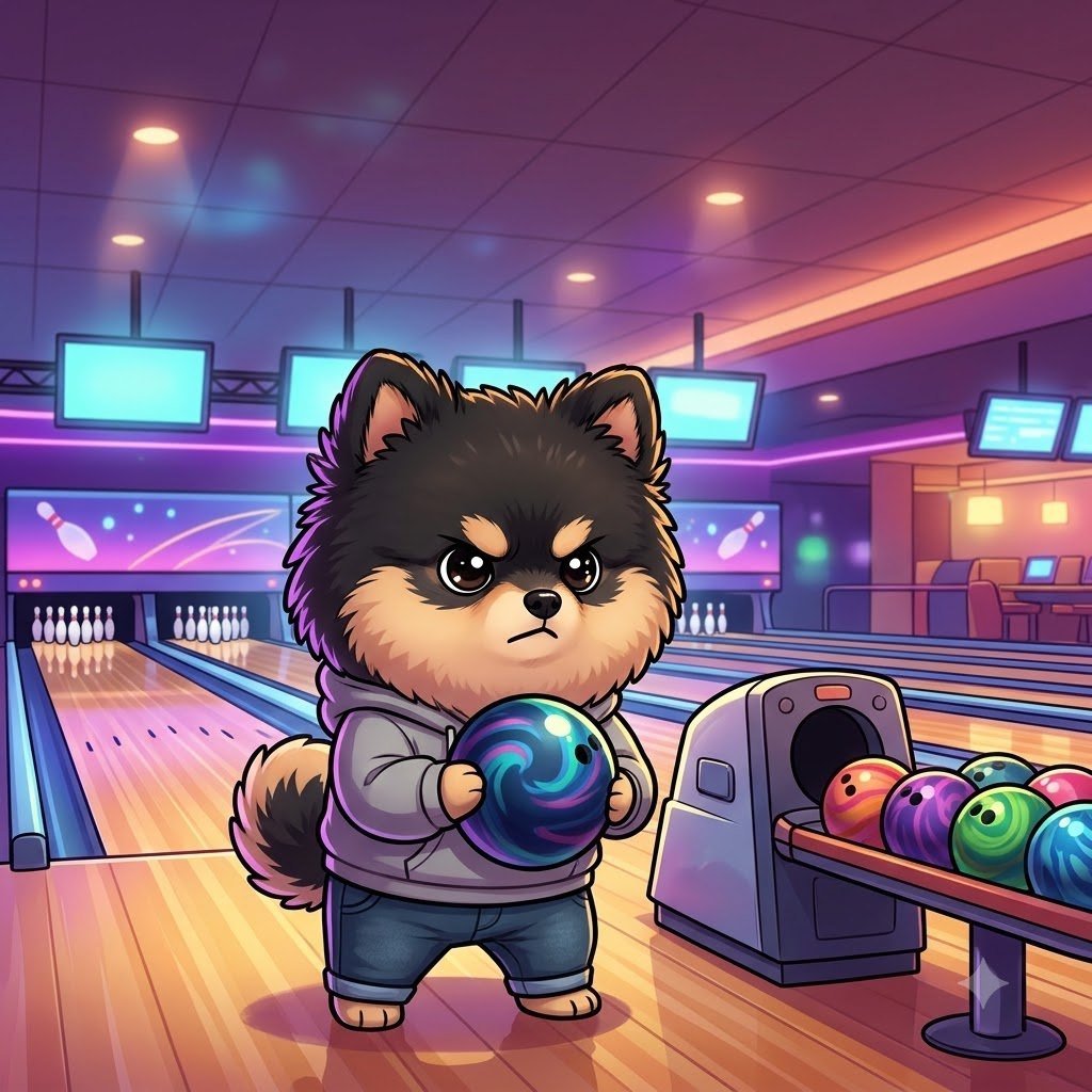 At a bowling alley, the Pomeranian guy focusing seriously with a bowling ball