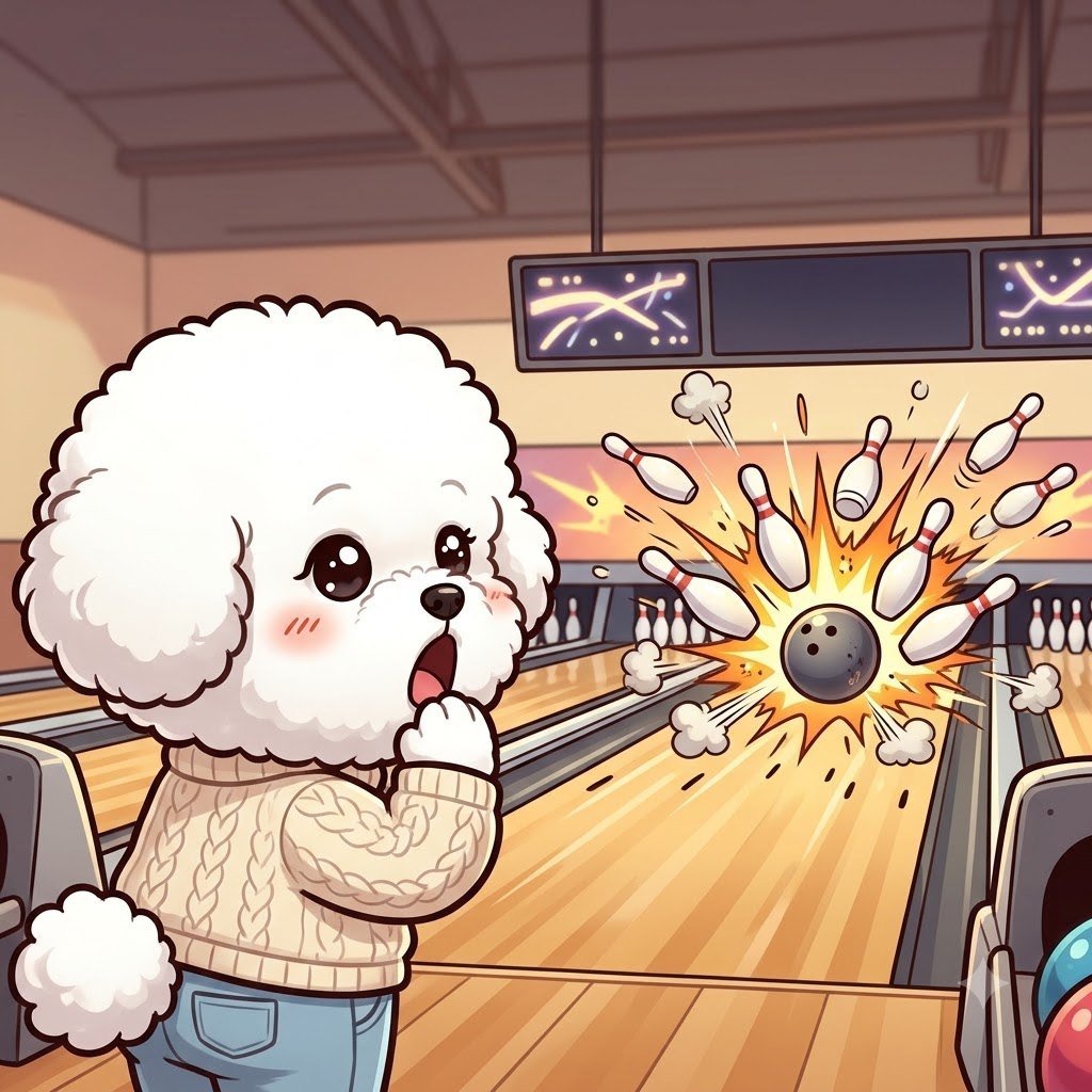 The bowling pins exploding in a strike as the Bichon girl gasps