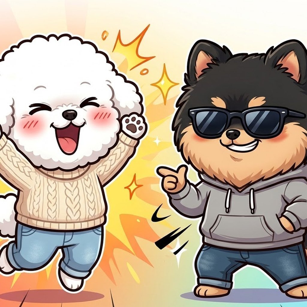 The Bichon girl cheering wildly while the Pomeranian guy poses coolly