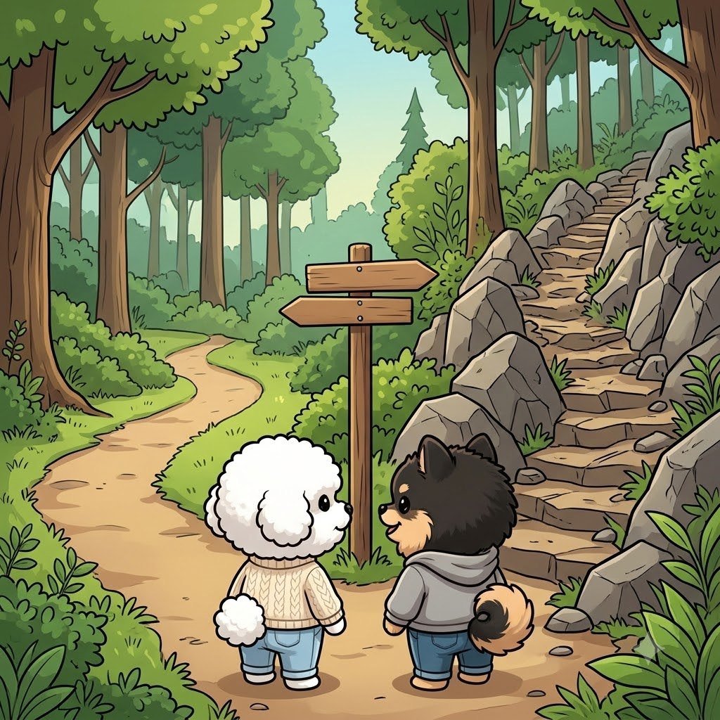 The Bichon girl and the Pomeranian guy at a hiking trail fork, one path gentle and one very steep