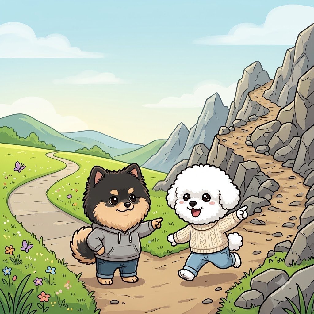 The Pomeranian guy pointing at the easy path while the Bichon girl points at the steep one