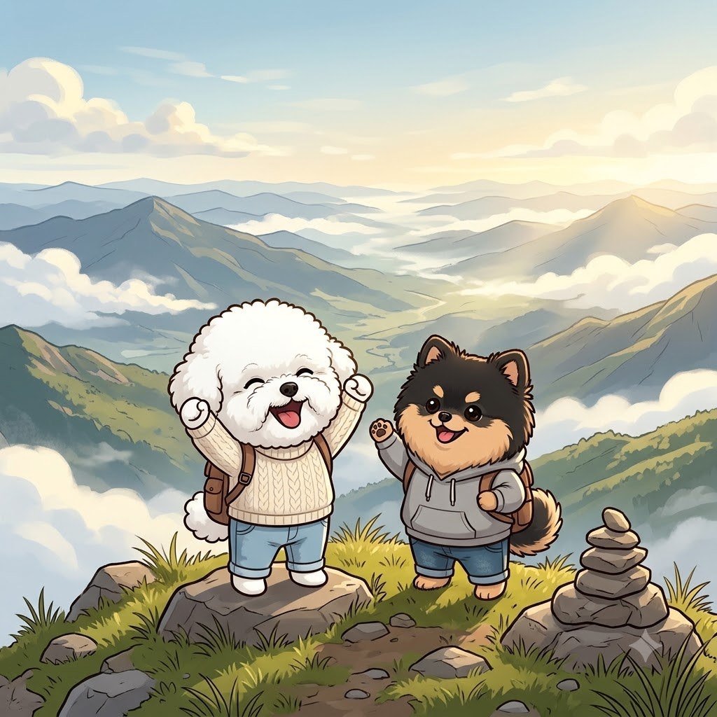 Both at a mountain summit with a beautiful view, the Bichon girl cheering