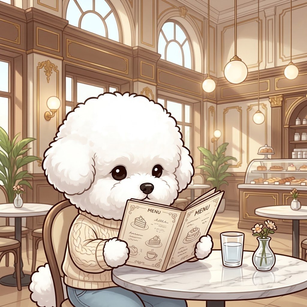 At a fancy dessert cafe, the Bichon girl reading a menu