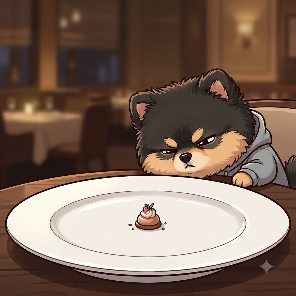 Close-up of a giant white plate with a single tiny dessert in the middle, the Pomeranian guy squinting at it