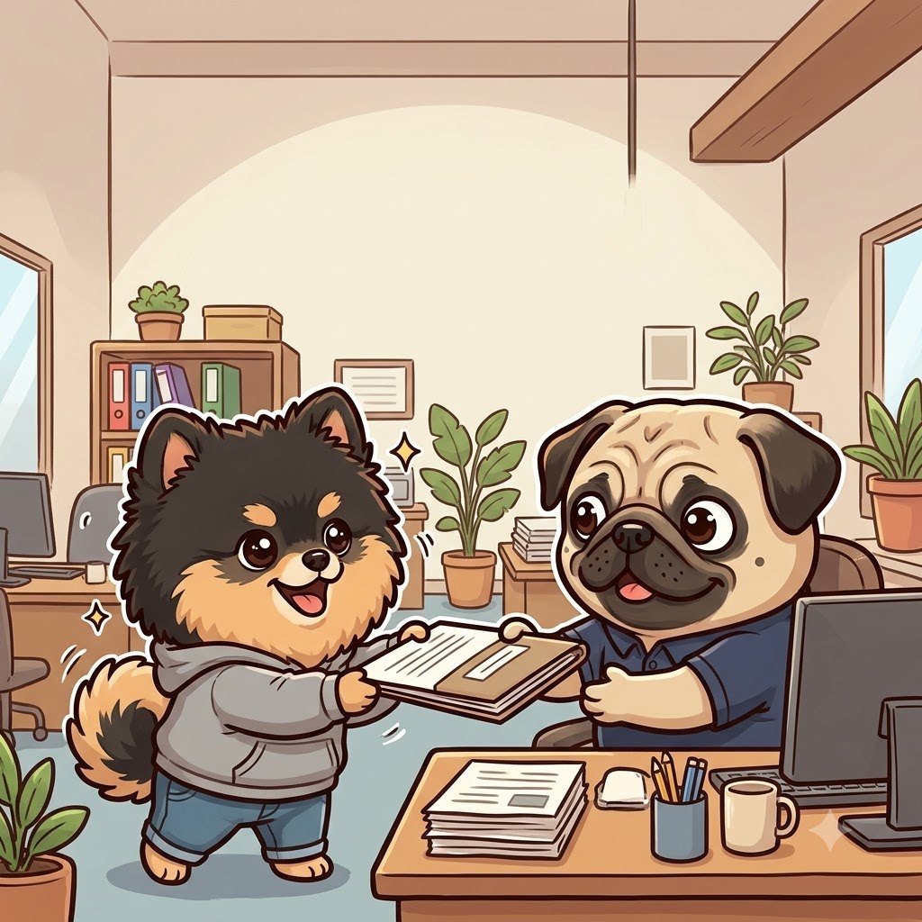 In an office, the Pomeranian guy proudly hands a report to the Pug uncle in record time