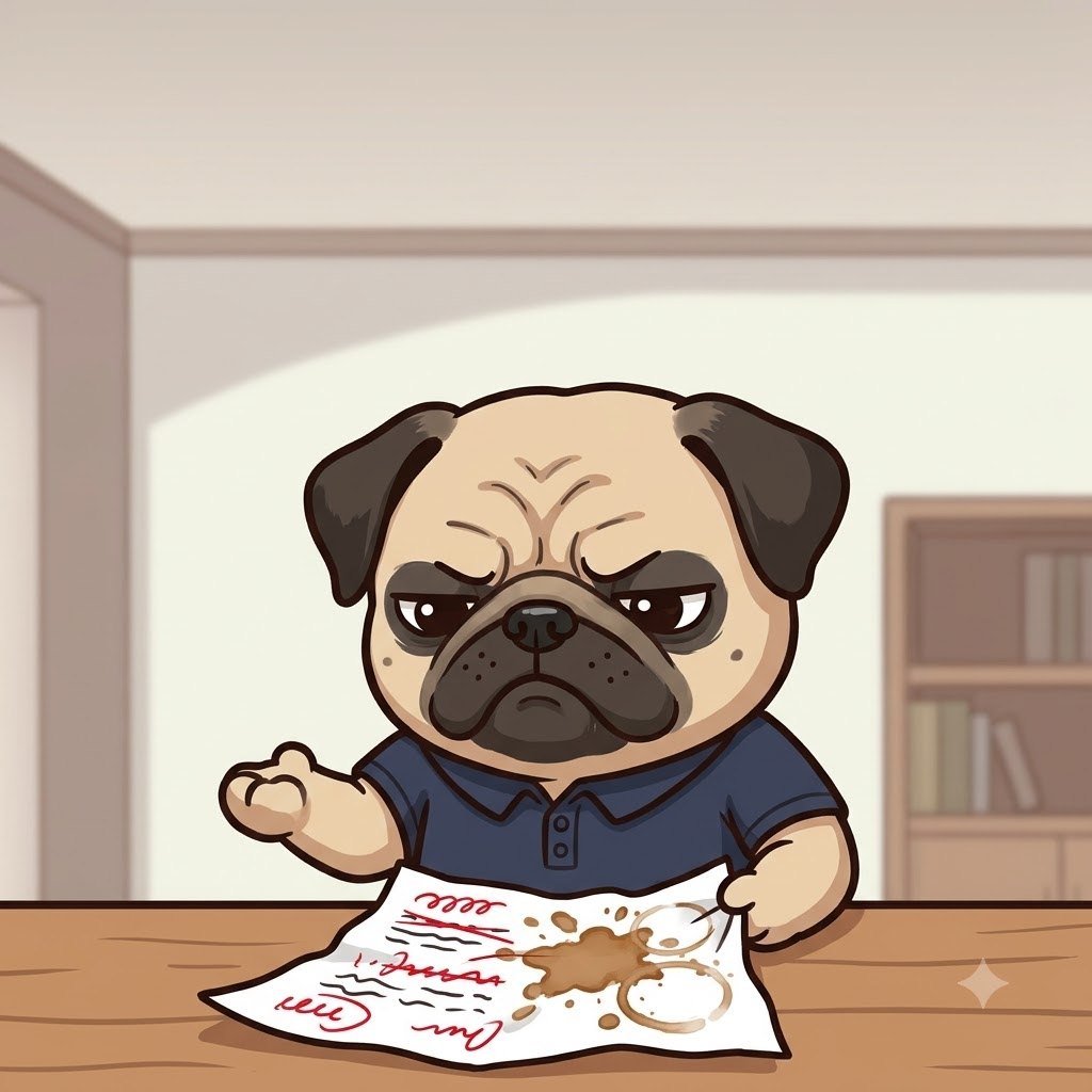 The Pug uncle reading the messy report covered in red correction marks and a coffee stain