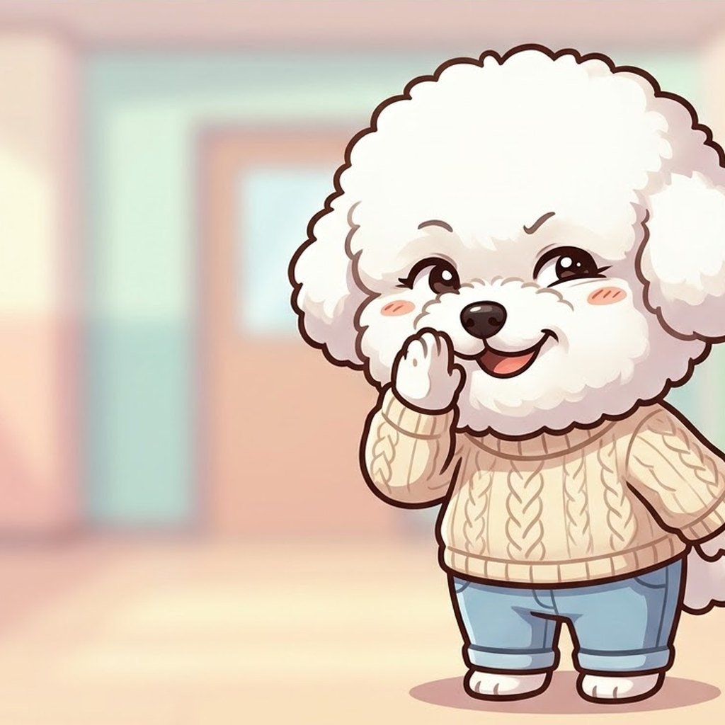 The Bichon girl whispering behind her paw with a wry smile