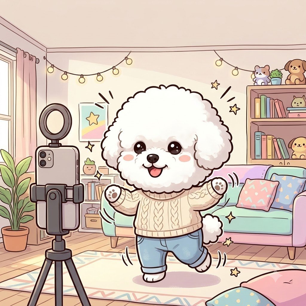 The Bichon girl filming a dance challenge with her phone on a tripod in a colorful room