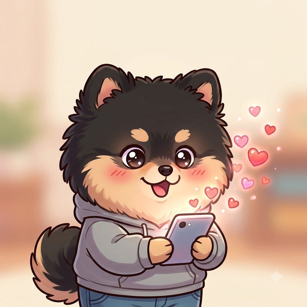 The Pomeranian guy looking at a phone full of floating hearts