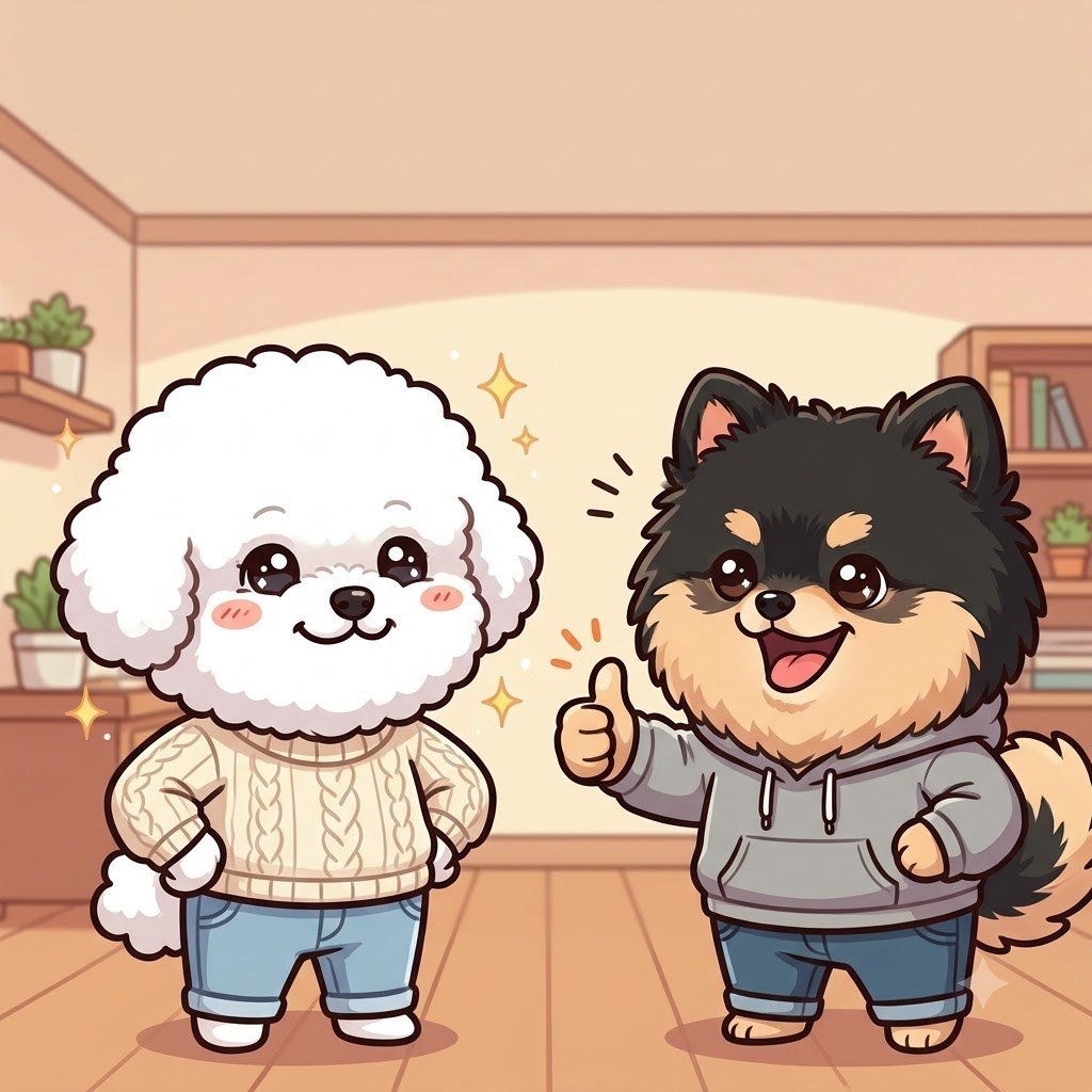 The Pomeranian guy giving a big thumbs up to the proud Bichon girl